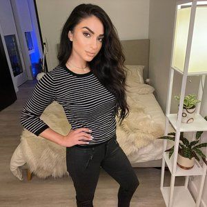 PHILOSOPHY Women's Exposed Zip 3/4 Sleeve Pullover Sweater - Black / White Strip